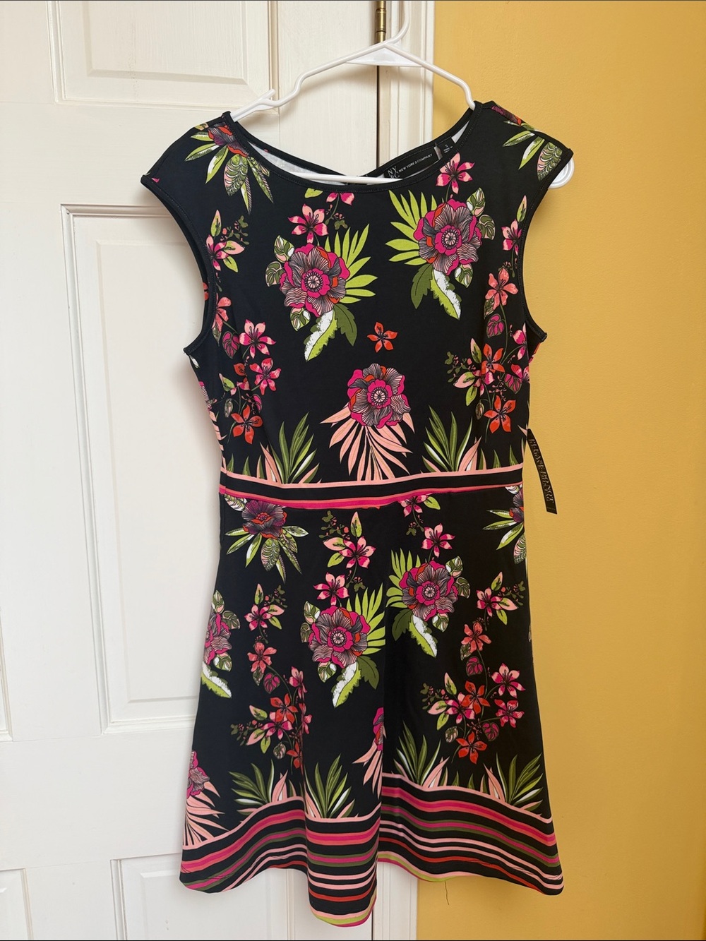 NWT New York & Company Black Floral Dress with Pink and Green Accents size small
